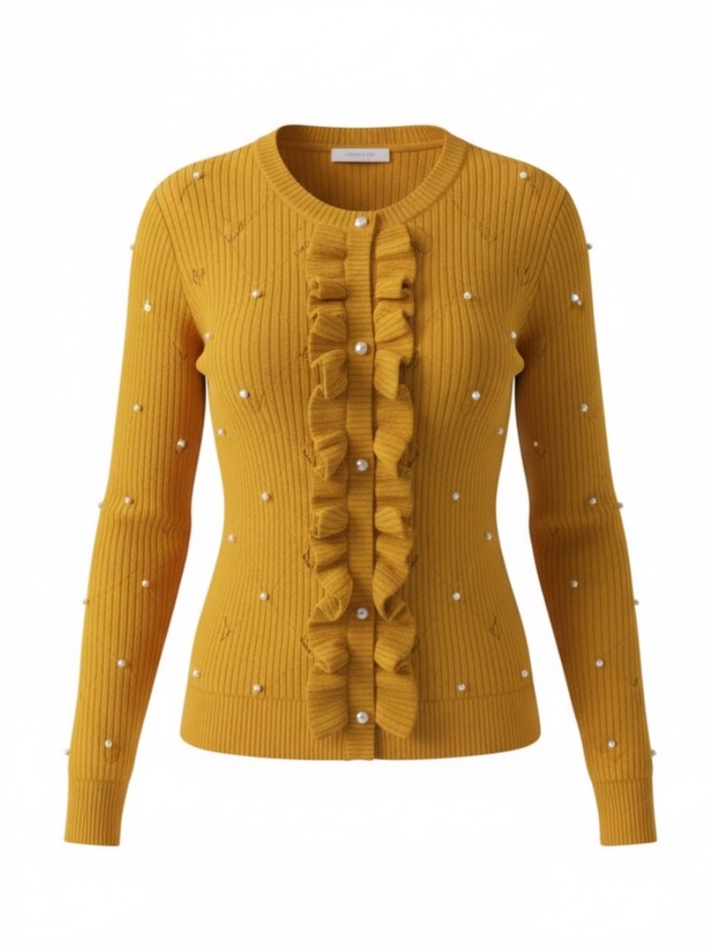 INDUSTRY Yellow Ruffle Crewneck Sweater with Pearl Accents